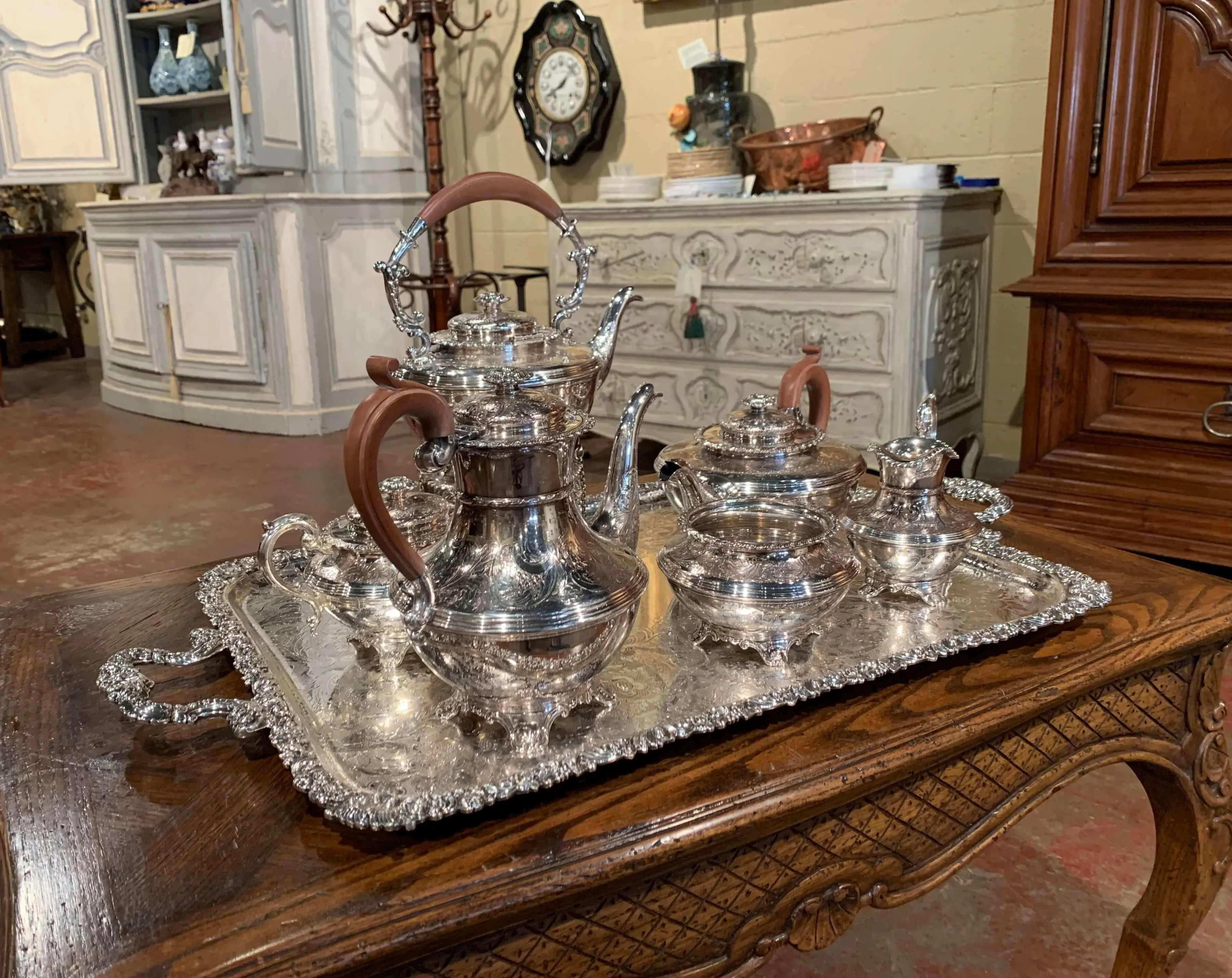 Mid-Century English Copper Silver Plated Tea Set and Tray Stamped