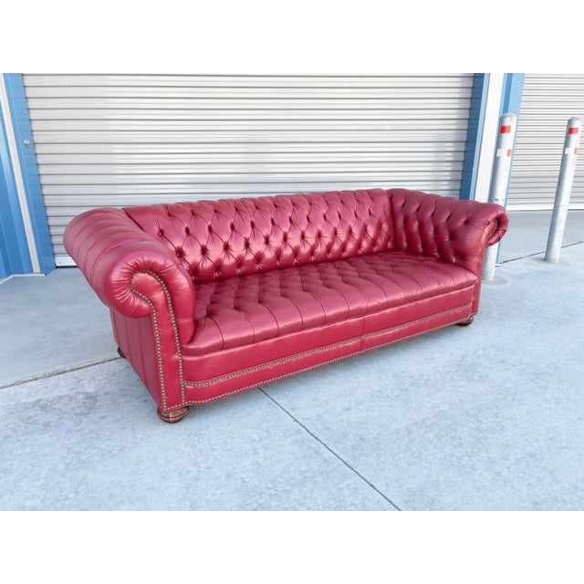 1980s Vintage Tufted Red Leather Rolled-Arm Chesterfield Sofa For Sale - Image 4 of 11