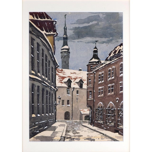 Vintage European cityscape of an older neighborhood's street in winter. Watercolor on paper, presented in cream colored...