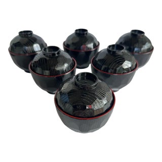 Japanese Miso Soup Rice Bowls Set of 6 Lids Lacquered Black Red Yamanaka Nuri Japan For Sale