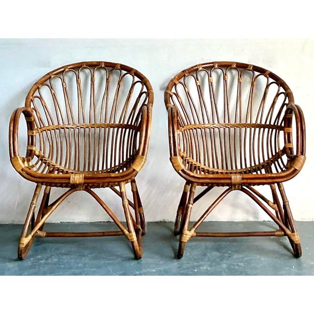 Mid-Century Modern Vintage Boho Bent Rattan Lounge Chairs - A Pair For Sale - Image 3 of 12
