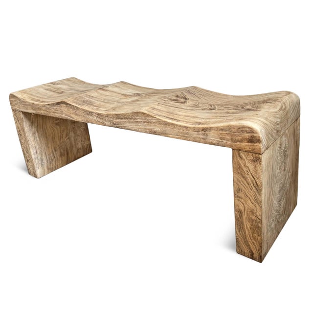 Tan Coastal Modern Washed Teak Wave Bench For Sale - Image 8 of 8