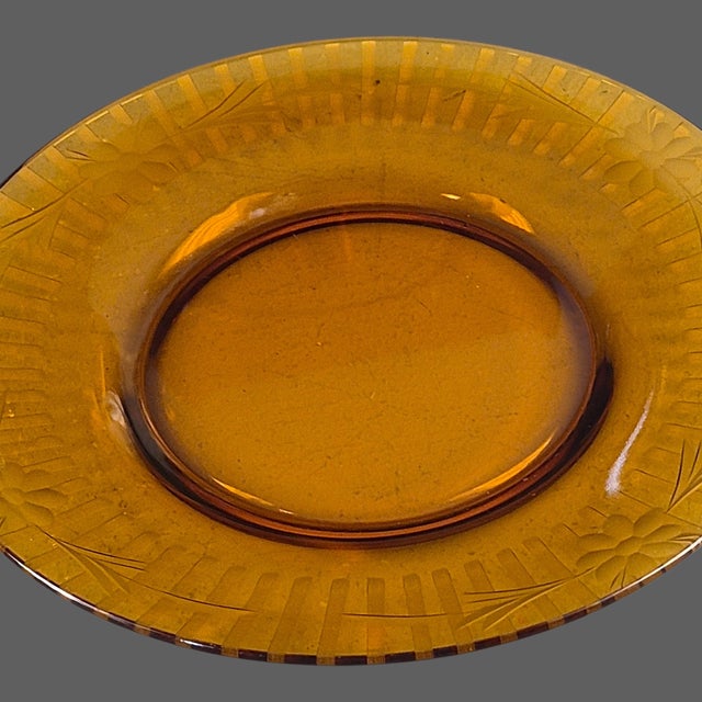 Glass Vintage Depression Glass Amber Wheel Cut Floral Dishes - Set of Four For Sale - Image 7 of 11