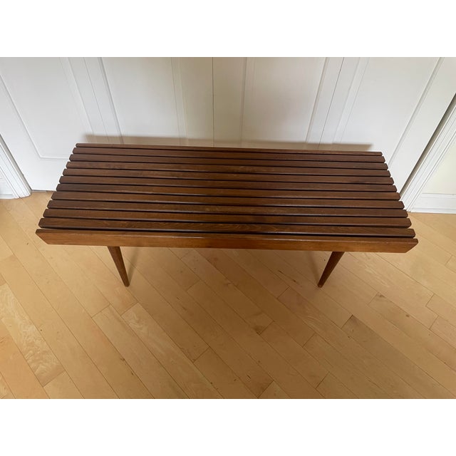 Wood Vintage Mid Century Modern Yugoslavian Beech Wood Slat Coffee Table Bench MCM For Sale - Image 7 of 12