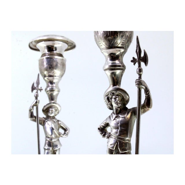 Silver Candlesticks with Halberdiers on Pedestal, Engraved Plant Elements and Embossed Feet, Set of 2 For Sale - Image 5 of 9