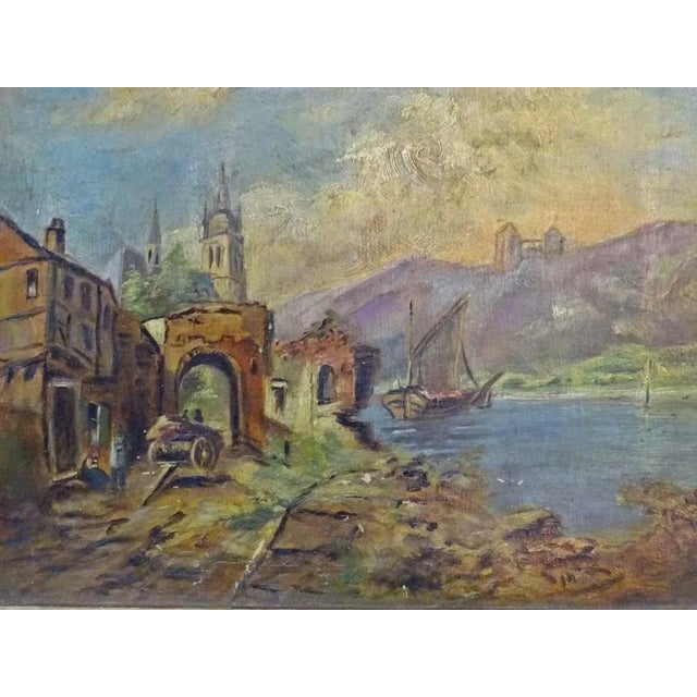 Vintage Framed Oil Painting of European Harbor Village Scene This charming vintage oil painting captures a serene European...