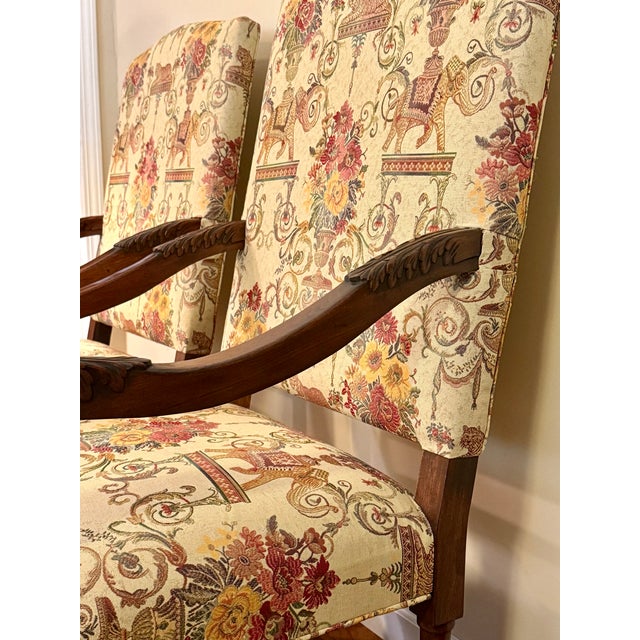 Antique Louis XIII Style Brown Walnut Tiger and Elephant Tapestry Armchairs - A Pair For Sale - Image 4 of 16