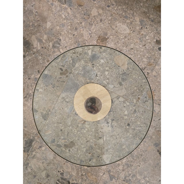 Leon Rosen 1980s Attributed to Leon Rosen for Pace Round Glass, Brass and Travertine Side Table For Sale - Image 4 of 10