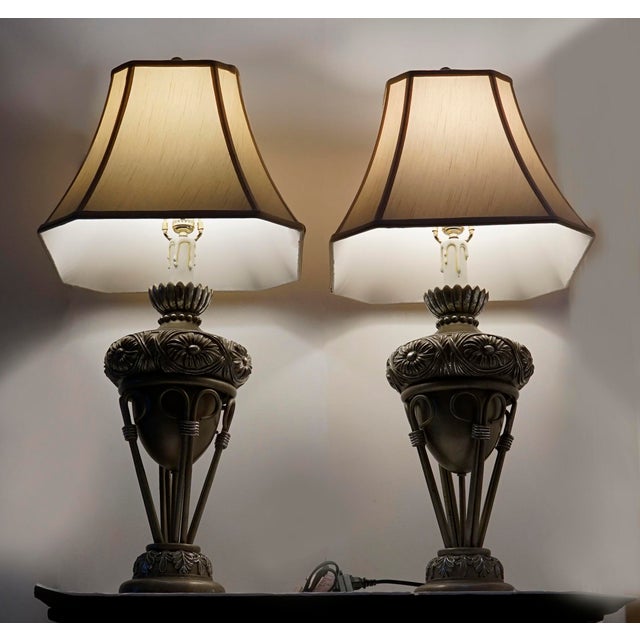 Late 20th Century Neoclassical Silver Tone Gilt Wood Lamps With Lamp Shades - a Pair For Sale - Image 12 of 13