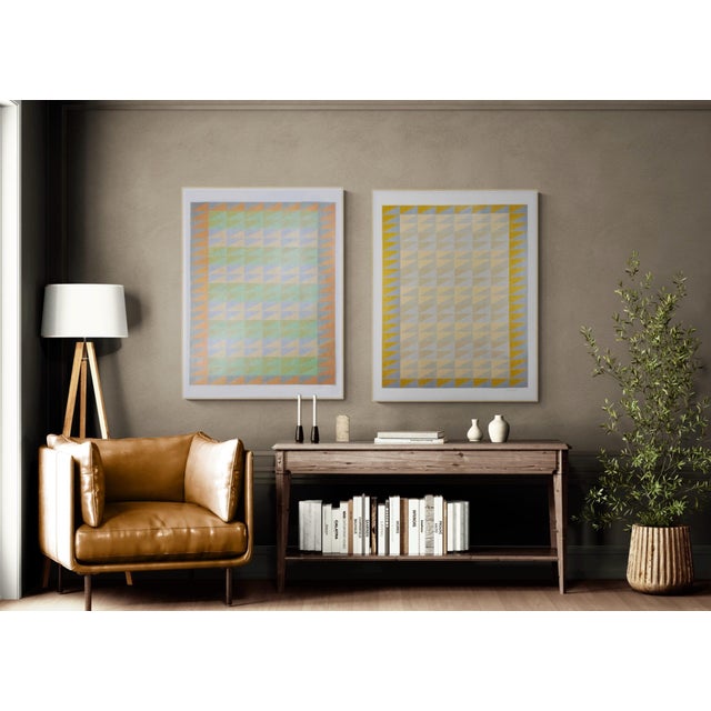 This piece features a repeating triangle pattern in soft tones drawn with colored pencil on paper. Colors include yellow...