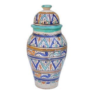 Early 20th Century Handmade Colorful Moroccan Ceramic-Art Lidded Vase For Sale
