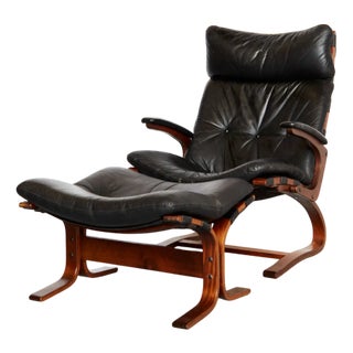 Set of Scandinavian Leather Cantilever Chair with Ottoman by Elsa & Nordahl Solheim for Rybo Rykken, 1960s For Sale