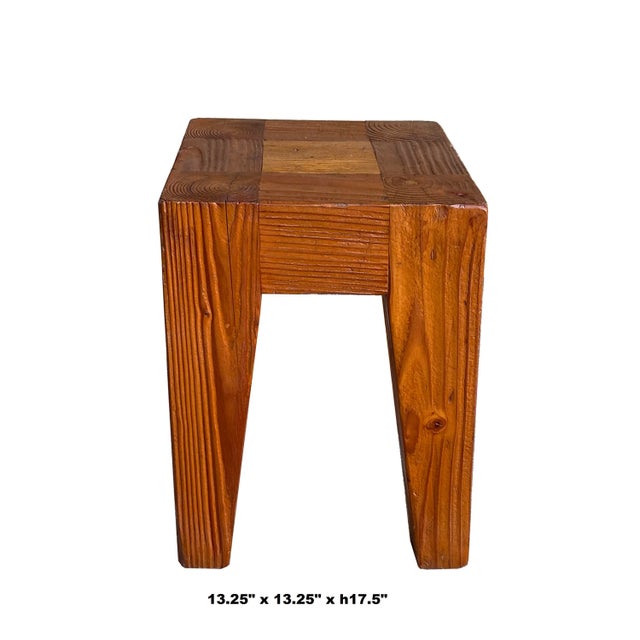 Rustic Natural Raw Blocky Wood Rough Pattern Bold Square Stool Table Bench For Sale - Image 3 of 8