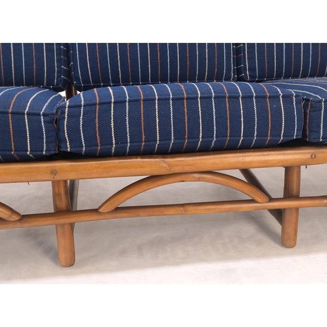 1970s Striped Blue Upholstery Bamboo Frame Mid Century Modern Sofa MINT! For Sale - Image 13 of 17
