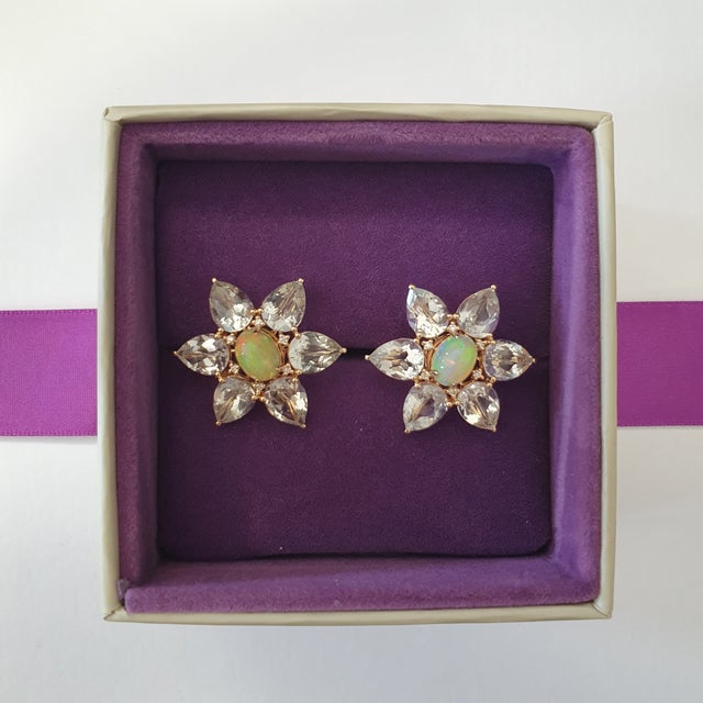 Contemporary Opal, Diamond and Prasiolite Flower Earrings in 14ct Yellow Gold - Fei Liu, Pair For Sale - Image 3 of 5