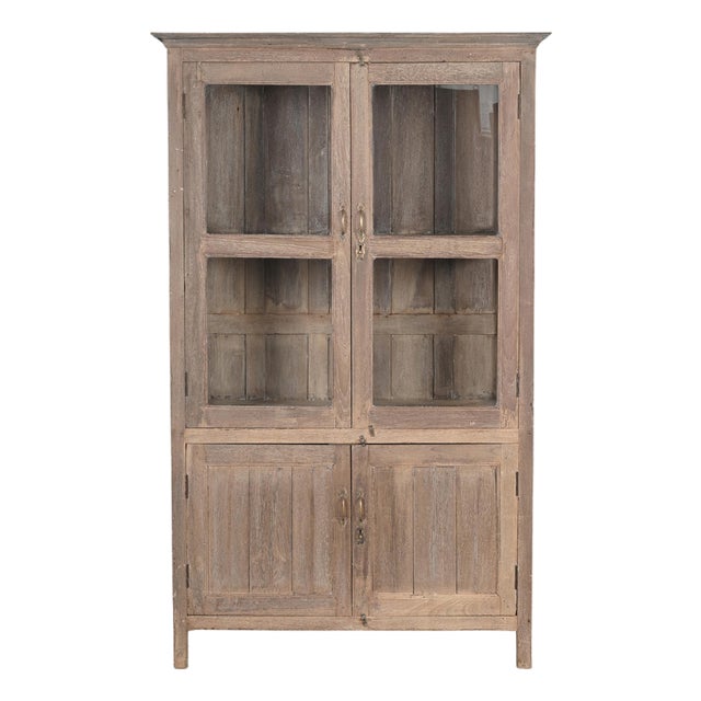 Extra Large Vintage Teak Wood Cabinet | Antique Indian Glass Armoire | Wabi Sabi Storage Display | Rustic Home Decor For Sale