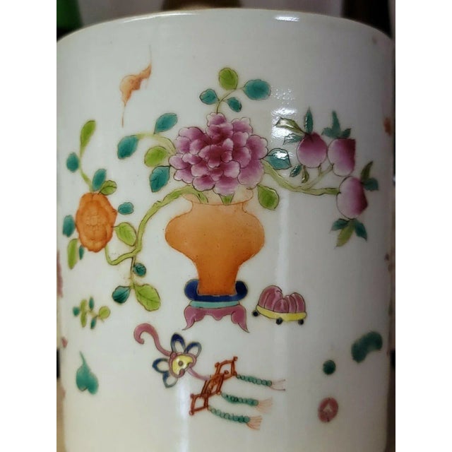 Antique 19th Century Chinese Famille Rose Porcelain Brush Pot Decorated With Flowers and Altar Fruit For Sale - Image 4 of 13