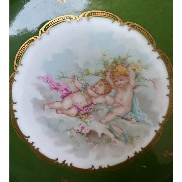 Vintage French Hand Painted Cherubs Gold Gilt Green Porcelain Decorative Plate For Sale In San Diego - Image 6 of 12