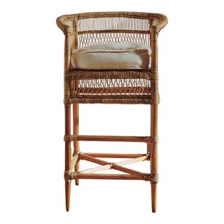 Handwoven Malawi Cane Bar Stool in Traditional Weave With White Linen Cushion For Sale
