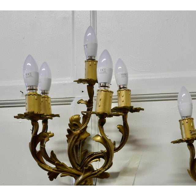 Large French Brass 5 Branch Wall Lights, 1960s, Set of 2 For Sale - Image 6 of 8