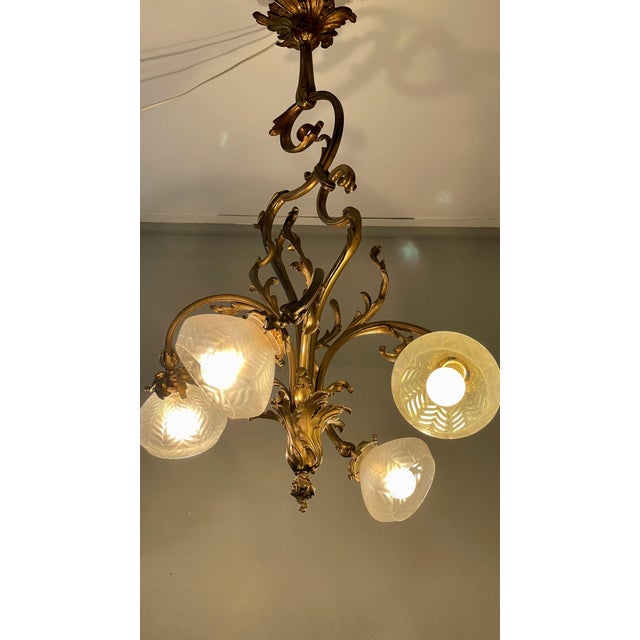 Art Nouveau Golden Chandelier with Frosted Glass Shades For Sale - Image 13 of 18