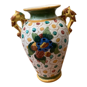 Vintage Italian Majolica Vase With Dragon Handles Handmade Hand Painted Numbered and Signed
