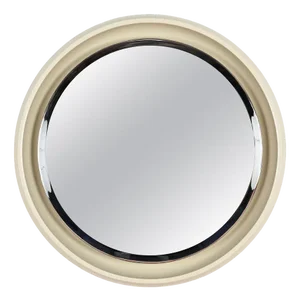 Large Italian Round Backlit Beveled White Mirror in Wood, Italy, 1970s