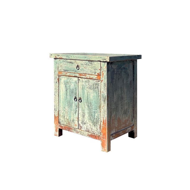 Distressed Pale Teal Gray Natural Wood End Table Nightstand For Sale - Image 4 of 6