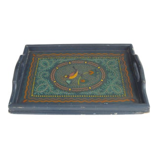 Antique Folk Art Hand-Painted Wooden Serving Tray With Bird Motif For Sale