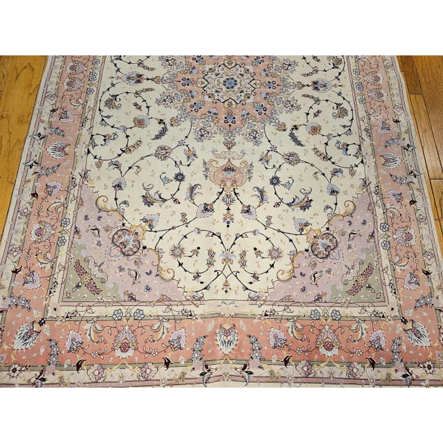 Persian Tabriz Rug, Hand-Knotted Wool & Silk, Fine Floral Pattern, Ivory & Pink, 7x10 For Sale - Image 10 of 12