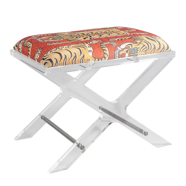 Uber chic clear lucite X shaped accent upholstery--our Delano Bench is the perfect vanity stool and/or designer accent...