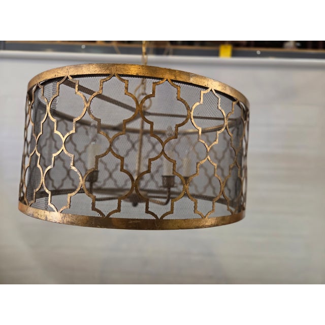 Vintage Drum Trellis Chandlier 5 Light Gold Leaf For Sale In San Diego - Image 6 of 9