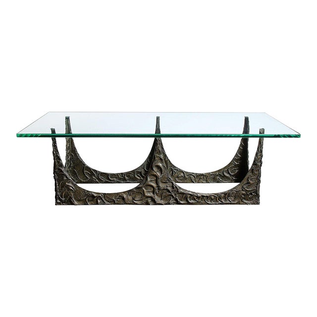 Paul Evans Signed & Dated Rectangular Sculpted Bronze and Glass Cocktail Table For Sale