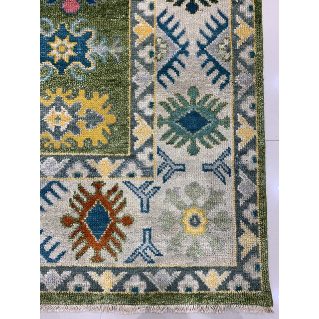 10x14 Inviting Kazak Light Green Tribal Geometric Hand Knotted Wool Carpet Rug For Sale In New York - Image 6 of 6