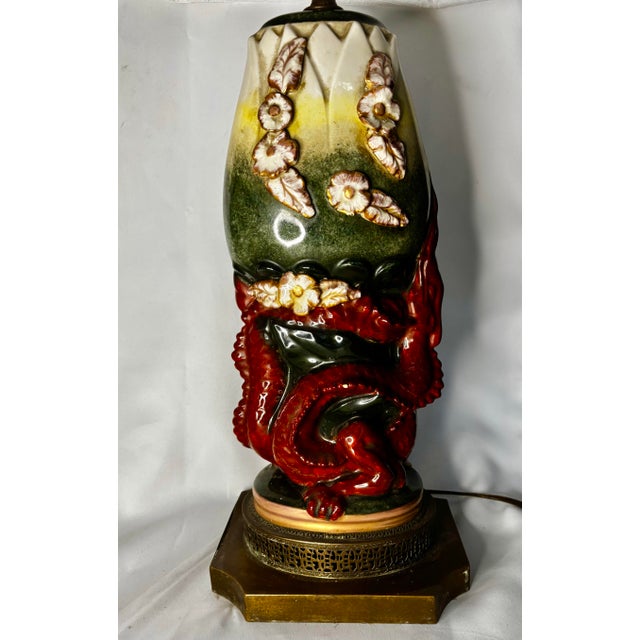 Early 20th Century Sculptural Ceramic Dragon Table Lamp With Applied Flowers and Pierced Metal Base For Sale - Image 5 of 9
