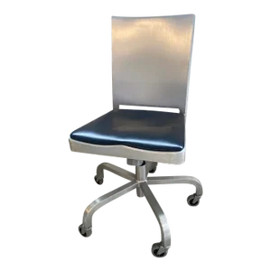 Emeco Philippe Starck Hudson Hand Brushed Aluminum Swivel Chair With Black Leather Seat