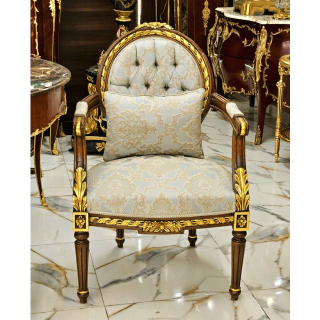 French Louis XVI Damask Accent Armchair With Hand-Carved Wood Frame & Gold Leaf Details For Sale In Miami - Image 6 of 6