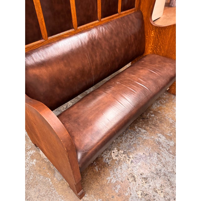 Antique High-Back Oak + Leather Settle Bench For Sale - Image 9 of 12