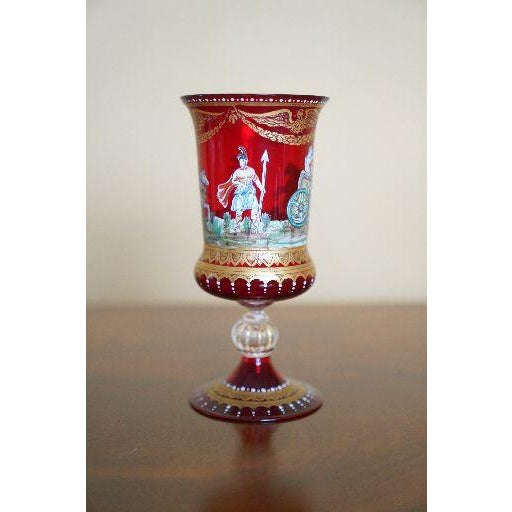 Italian Vintage Italian Murano Hand Enameled Ruby Glass Chalice For Sale - Image 3 of 8