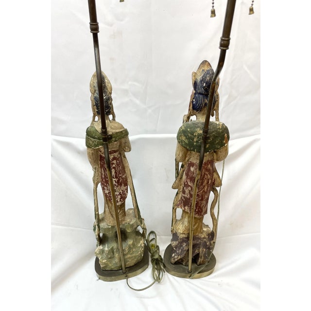 Pair of Chinese Quan Yin Carved and Polychromed Wood Table Lamps by Fredrick Cooper For Sale - Image 9 of 9