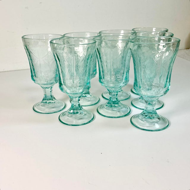 This late Mid-Century set of 8 glass goblets are from the Indiana Glass Company in a beautiful Tiffany Blue glass. Please...