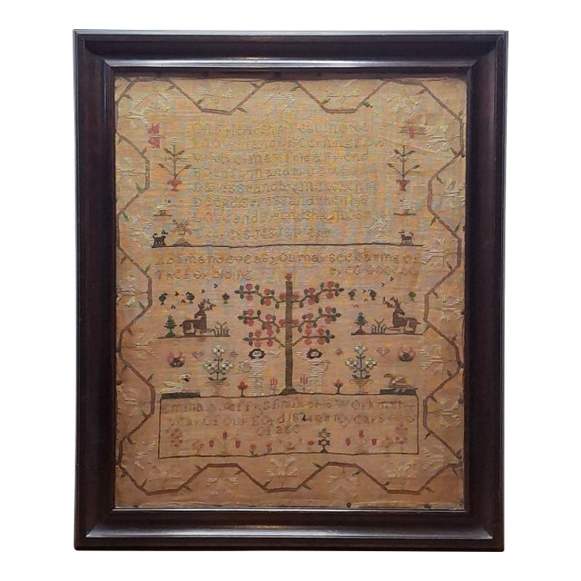 Antique 1824 Needlework Sampler Adam & Eve Emma Jeff Age 10 Folk Art 19th C For Sale