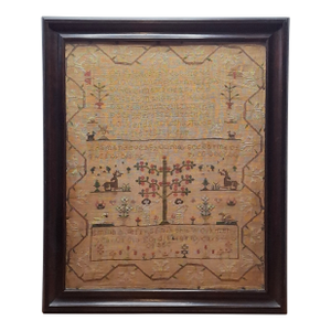Antique 1824 Needlework Sampler Adam & Eve Emma Jeff Age 10 Folk Art 19th C