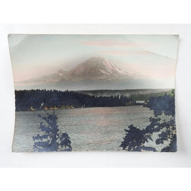 Vintage hand tined silver gelatin photograph of Mt. Rainier. Unsigned. Unframed, top corner creasing.