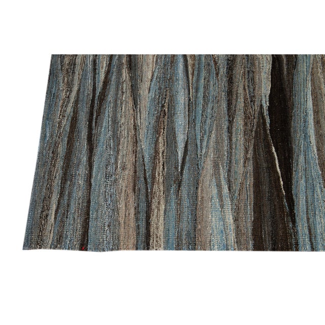 9 X 12 Modern Abstract Flatweave Room Size Wool Rug in Blue and Gray For Sale - Image 4 of 13