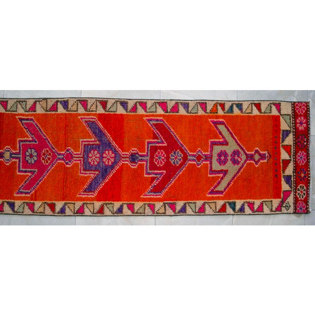 Hand-Knotted Turkish Runner Rug. Bright Orange Narrow Hallway Decor Kitchen Rug - 2' X 12'4" For Sale - Image 13 of 16