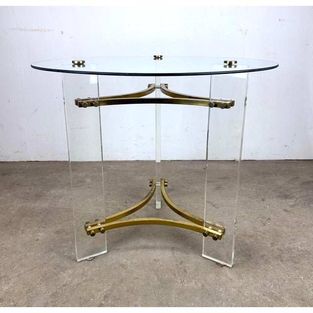 1970’s Modern Charles Hollis Jones Style Lucite Brass & Glass Round Side Table For Sale - Image 10 of 12