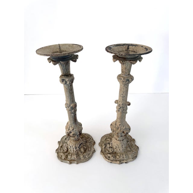 Beige Antique Cast Iron Pillar Candle Holders, a Pair For Sale - Image 8 of 15