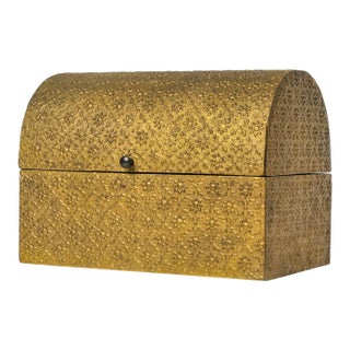 Vintage Embossed Brass Over Wood Treasure Box Domed Top Wedding Keepsake Box For Sale