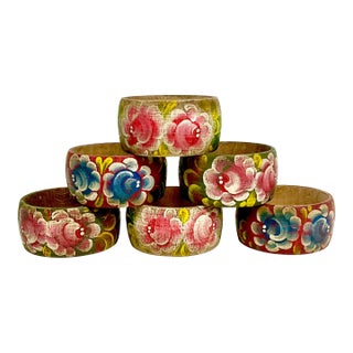 1970s Vintage Folk Art Southwestern Floral Hand Painted Wooden Napkin Rings - Set of 6. For Sale